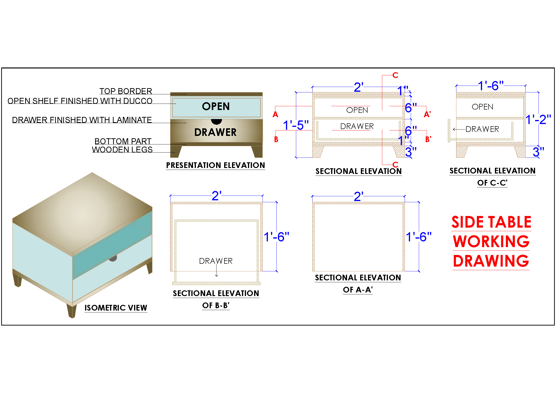 Bedside Table CAD Design with Detailed Drawings